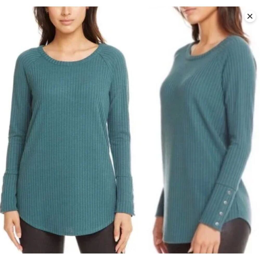 Chaser Waffle Knit Long Sleeve Top Sleeve Button‎ Detail Dark Teal Size Small